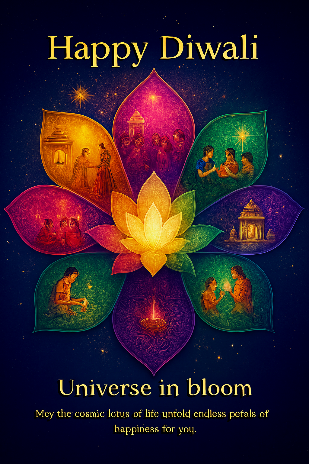 Premium Diwali digital greeting – Lotus Petals Diwali Scenes