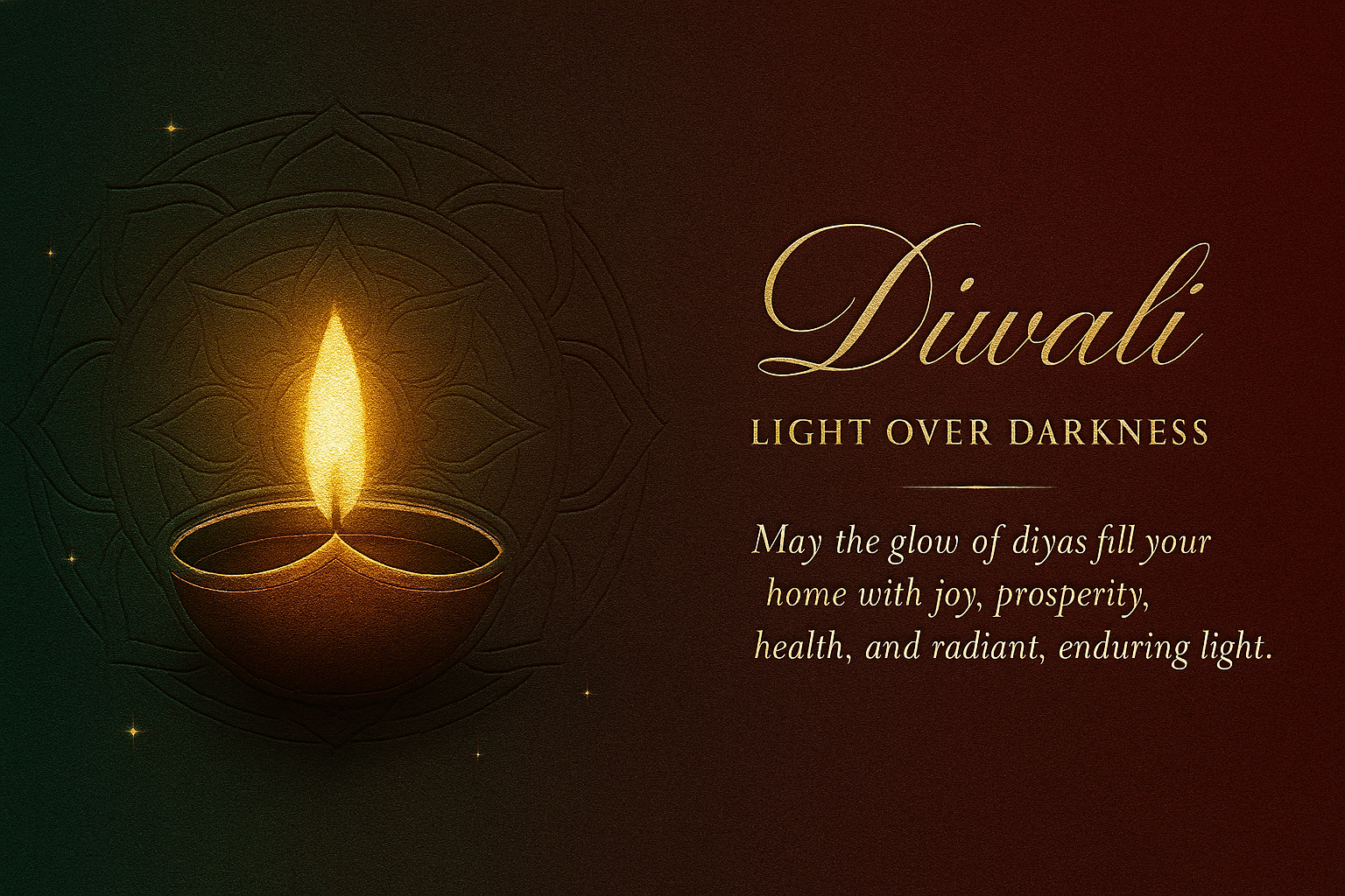 Elegant Diwali festival greeting card, mandala artwork and glowing lamp conveying prosperity and warmth.