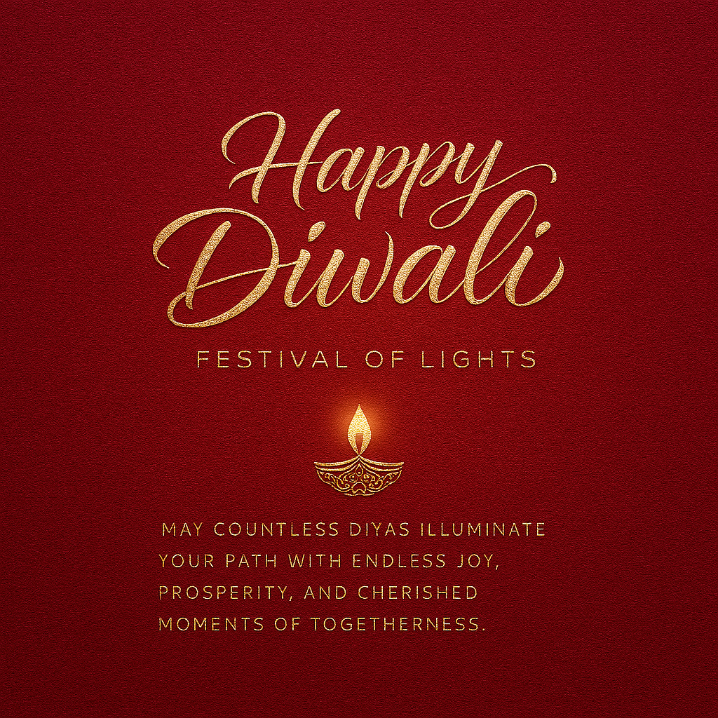 Traditional Diwali Festival of Lights — Red Golden Diya Card