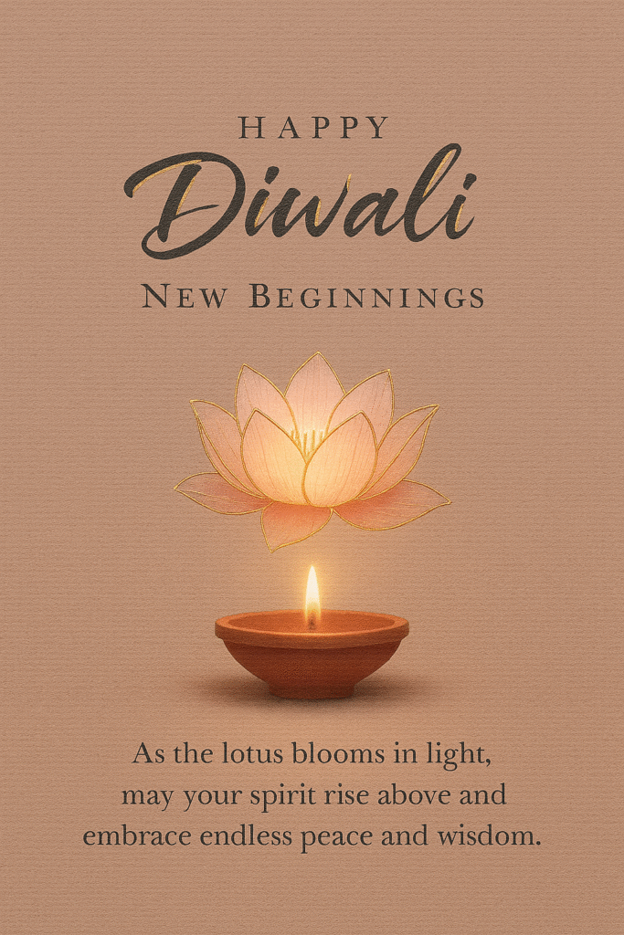 Diwali greeting cards with beige lotus new beginnings; premium festive design; instant download and ready to share.