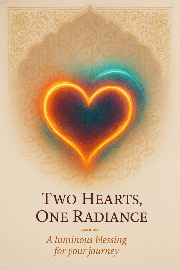 Two Hearts One Radiance — luminous blessing greeting card design | SocialFlush