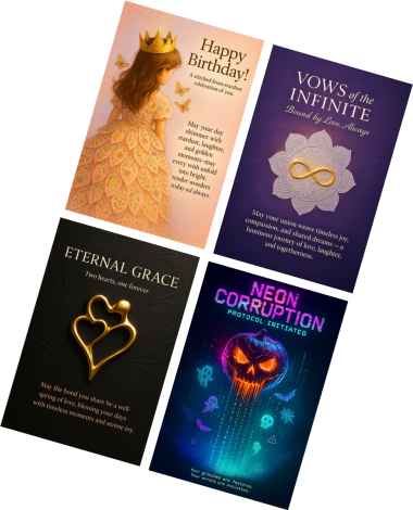 SocialFlush premium digital greeting cards collection featuring a princess birthday card, infinity wedding vows card, golden heart anniversary card, and neon Halloween cyberpunk design — downloadable and ready to share