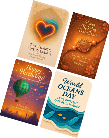 SocialFlush premium digital greeting cards collage — Raksha Bandhan, birthday hot-air balloon, heart design and World Oceans Day — instant download JPG.